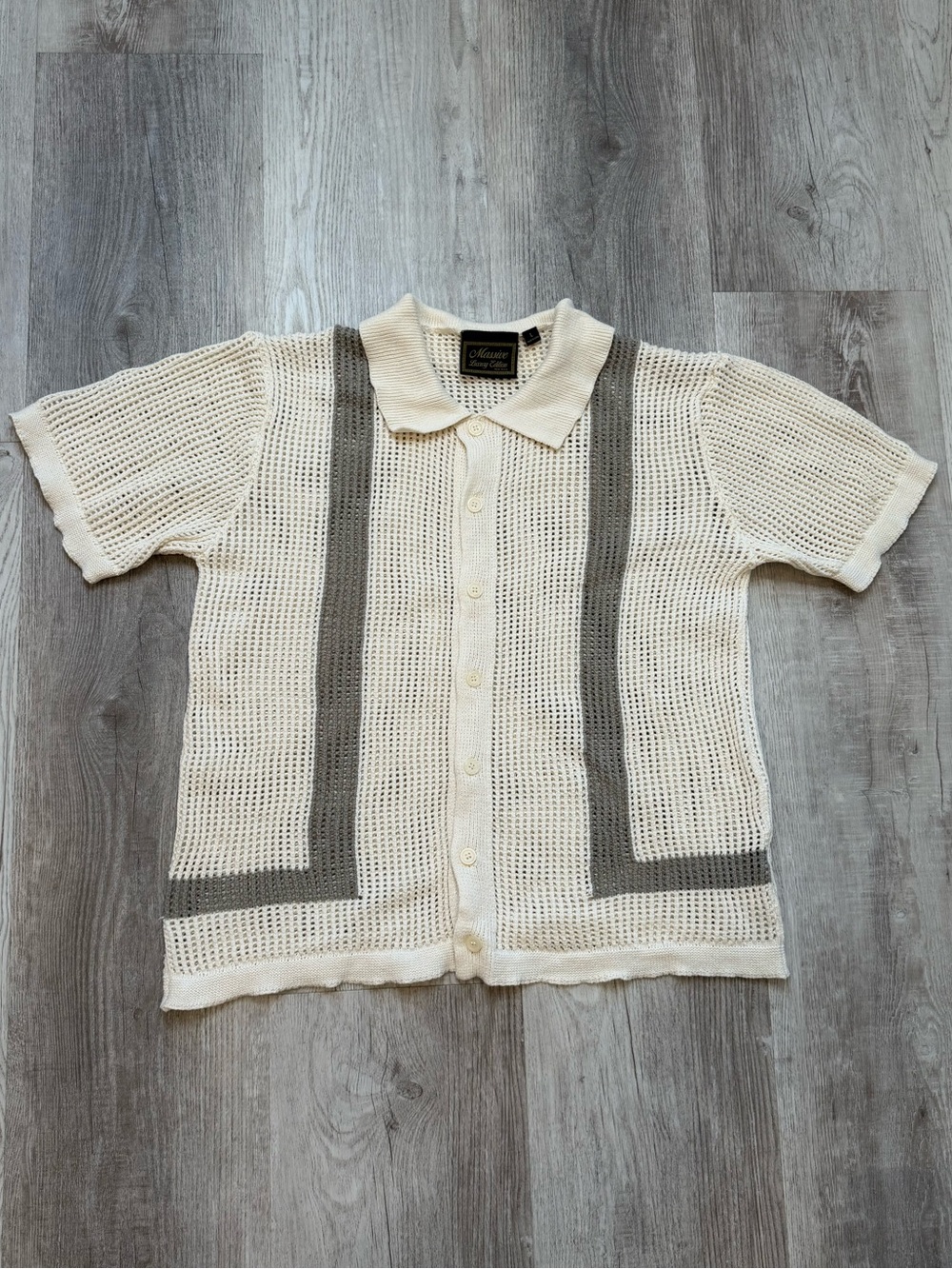 Massive Luxury Edition Cream Crochet Knit Button Up Polo Bowling Shirt Size L